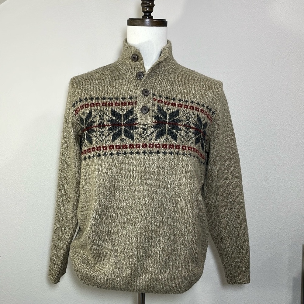 Vintage Tan and Black V-Neck Sweater with Nordic Pattern